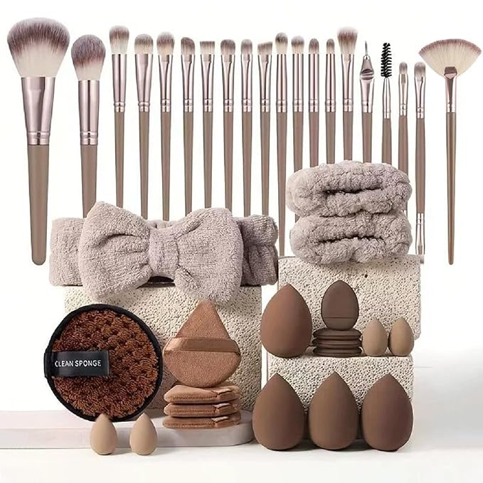 40 PCS Professional Makeup Brush Tools Set, Cosmetic Brush Sponge, Puff, Headband, Brush Cleaning Bow Set, Facial Makeup, Cleaning Accessories, Makeup Products, Valentine Day Item (Coffee-40PCS)