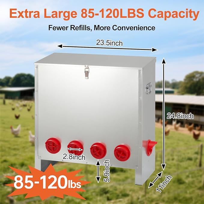 Large Automatic Chicken Feeder 85-120lbs, Galvanized Metal Chicken Food Dispenser, Rainproof & Rodent Proof No Waste Poultry Feeder for Backyard Coop, Farm, Ducks & Hens (6 Ports)