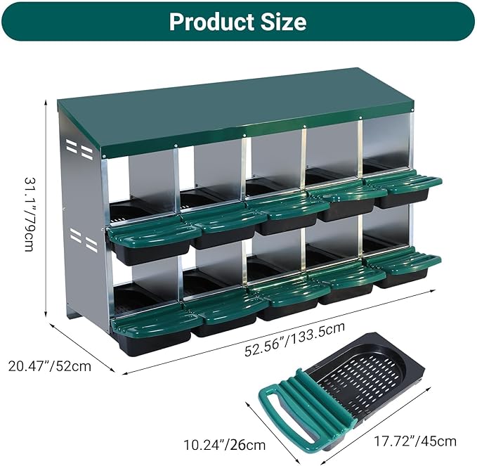 Chicken Nesting Box,Roll Away Eggs Laying Boxes,Large Bedding for Hens Birds Duck Coop Poultry Habitat Supplies,10 Compartments,Cleanable Pull Out Hen Roosting Boxes