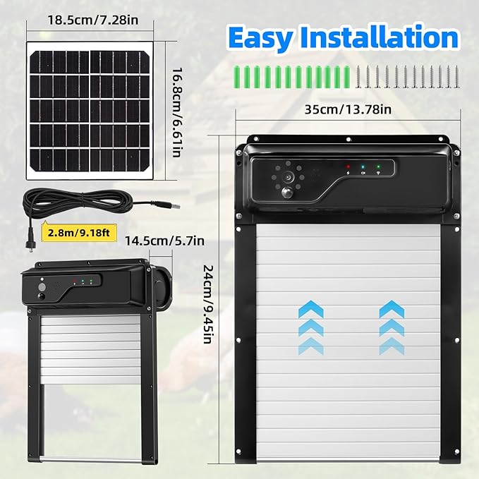 Sararoom Automatic Chicken Coop Door Solar Powered with HD Camera, 5000mAh Chicken Coop Door with Remote Control, WiFi Enabled, APP-Based Monitoring, Timer, Anti-Trap Sensor and Alarm Drive