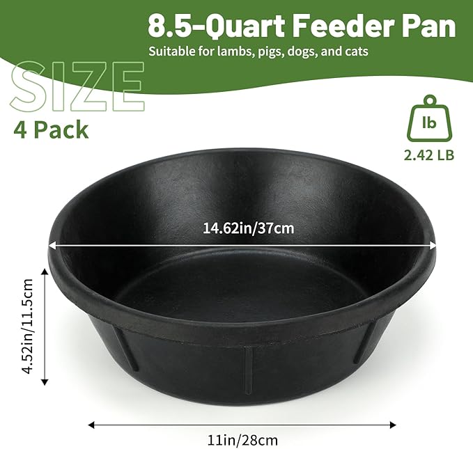 4Pcs Rubber Feed Pan, 8 Quart/ 2 Gallon Horse Feeder Bucket Livestock Feed Pan, Heavy Duty Rubber Dog Bowl Chicken Dust Bath Tub for Dogs Pig Goat Chicken Farm Small Animal,14.56 x 4.53 Inches