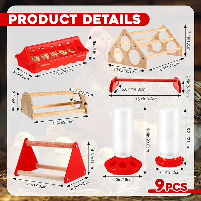 9 Pcs Chick Feeder and Waterer Kit Feeding Supplies with Mini Perch Chicken Starter Kit Small Chick Brooder Box for Chicken Duck Quail Coop Small Poultry
