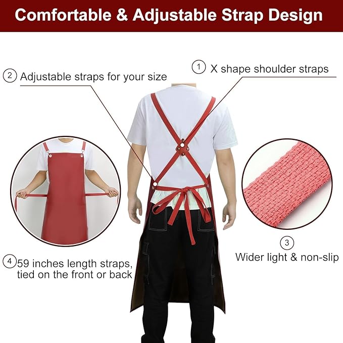 Waterproof Rubber Aprons for Women, Heavy Duty Vinyl Dishwasher Apron Adjustable Cross Back Strap for Dishwasher, Butcher, Dog Grooming, Chemical Resistant, 43" Long Thicker Apron Red