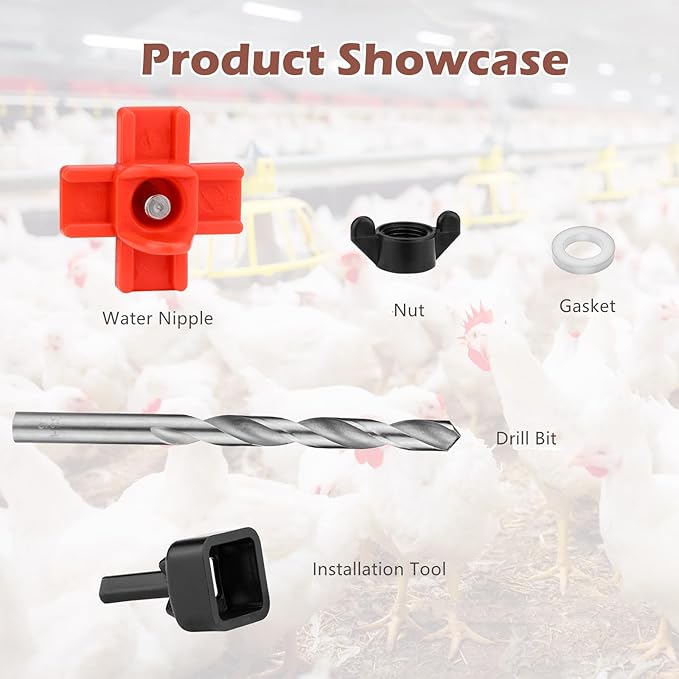 Chicken Water Nipples, 25 Pcs Horizontal Poultry Automatic Waterer Nipples for Bucket with 25 Pcs Ring Gaskets, 25 Pcs Wing Nuts, 9mm Drill Bit and an Installation Tool Ullnosoo