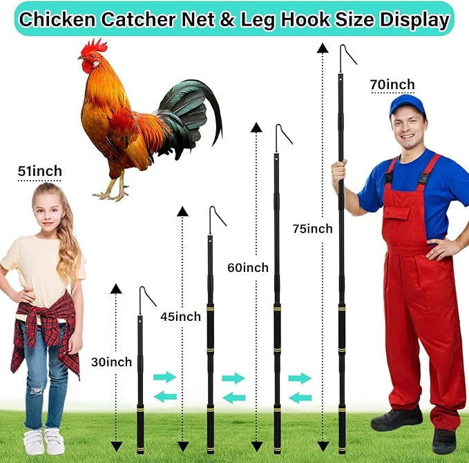 Chicken Catcher Net,37 to 93in Chicken Catcher Leg Hook Extra Long Handle Animal Catcher Pole Heavy Duty with Frosted Tube Extension Pole Poultry Hook Fowl Catcher (Black 75in)