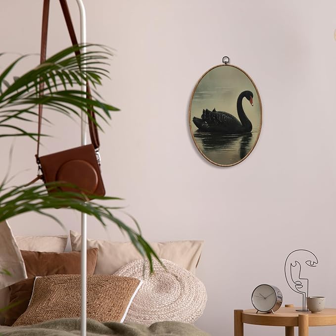 Yorhifa Vintage Black Swan Framed Wall Art, Antique Black Swan Oval Wall Art, Rustic Elegant Animal Oval Walls Decor, Retro Moody Canvas Artwork Hanging Decor, 8.5x11.5in
