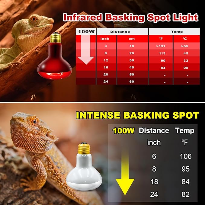 MIXJOY 100W Reptile Heat Lamp Bulb Combo, 2PCS Day & Night Reptile Heat Bulbs, UVA Daylight Intense Heat Basking Bulb Infrared Heat Light Bulb for Reptiles, Lizard, Tortoise, Bearded Dragon Chickens
