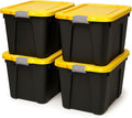 Homz 22-Gallon Durabilt Plastic Stackable Home Office Garage Storage Organization Container Bin w/Latching Lid and Handles, Black/Yellow (4 Pack)
