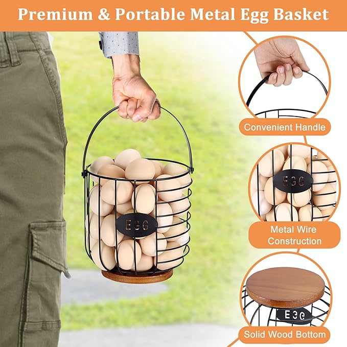 6.5'' Farmhouse Egg Basket for Gathering Fresh Eggs, Metal Egg Holder Countertop for Chicken Eggs, Round Metal Wire Basket with Handle & Wooden Base, Vintage Kitchen Decor(Style 2-Lantern)