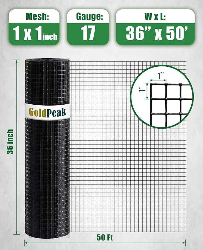 GoldPeak Black Hardware Cloth 1 inch Mesh 36'' x 50' 17-Gauge, Vinyl Coating Chicken Wire Mesh Roll, Chicken Wire Fencing, Graden Fence, Wire Fence Roll