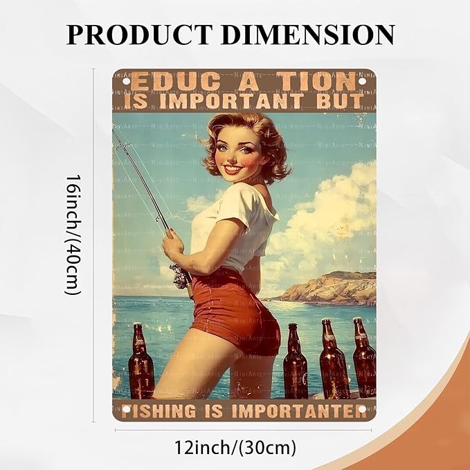Pin Up Girl Fishing Metal Tin Sign Fishing Ls Lmportanter Vintage Sign for Wall Art Decor for Home Angler Wall Decor Cafes Lake House Seascape Decor 12X16Inch