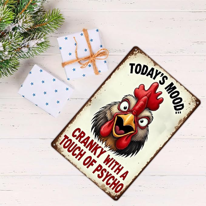 FunnySign Rooster Décor Today's Mood: Cranky With A Touch Of Psycho Rustic Tin Sign For Home Farm Chicken Coop Decor 8x12 Inch (9712)