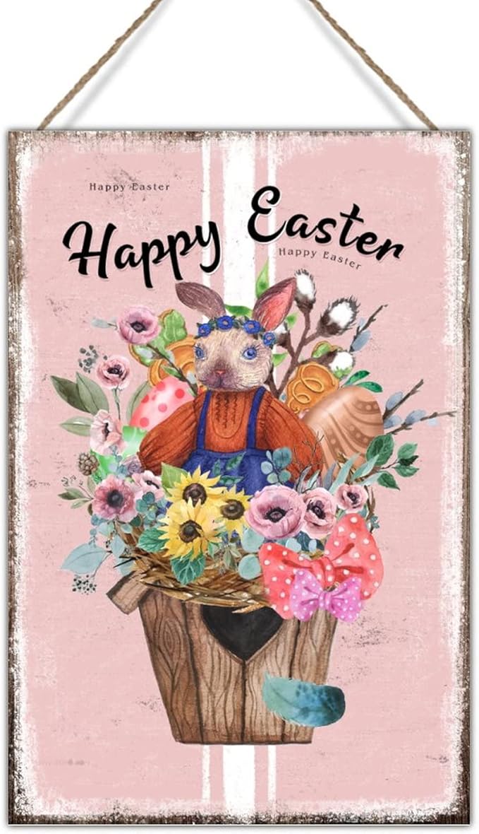 Happy Easter Flower Basket Bunny Wood Wall Plaque French Style Floral Pink Stripes Sign Plaque Spring Greetings Happy Easter Wood Wall Decor Signs for Entryway 8x12in