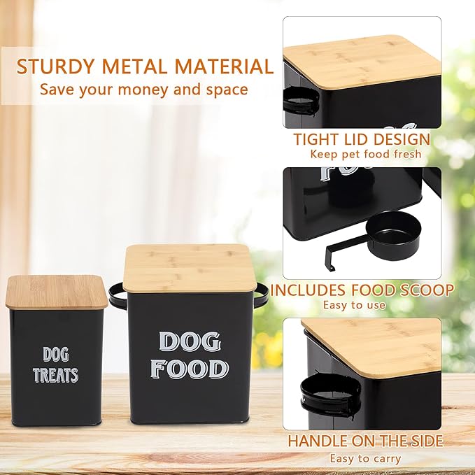 Dog Food Storage Container Farmhouse Pet Food Treats Bin with Lid and Scoop, Perfect Sturdy Canister Tins for Kitchen Countertop, Shelf, Great Gift for Pet Owners - Dog Food - Black