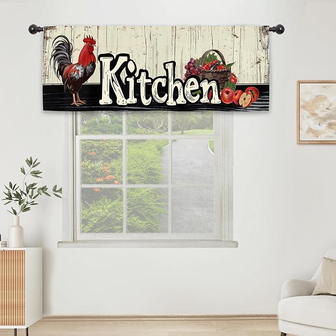 Rooster Chicken Kitchen Curtain Valance 54W x 18L Inch Farmhouse Rustic Country Rural Wood Wooden Fruit Rod Pocket Short Cafe Small Window Treatment Drapes Decor