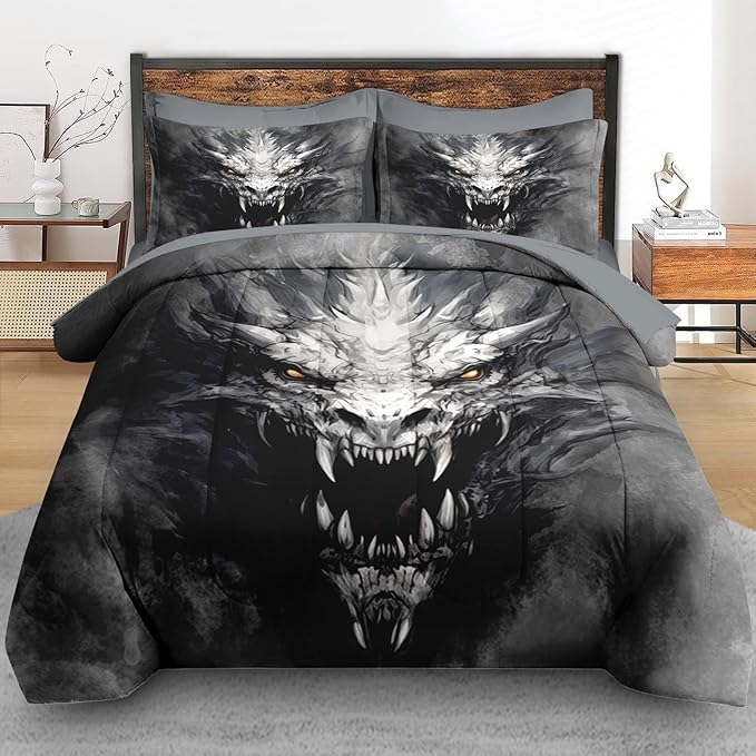 Comforter Set Twin Size, Dragon Gray 5 Pcs Bedding for Kids and Adults,Dark Death SkeletonBed Sheet Sets with Fitted Sheet Pillowcase & Sham for Bedroom Bed Decor