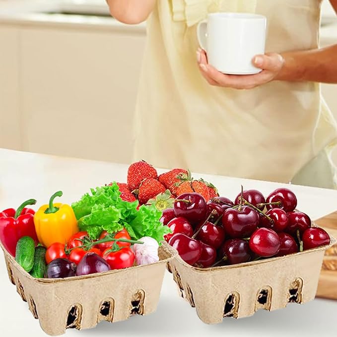 Berry Basket Pulp Containers – Natural Produce Holder Tray, Disposables Storage Basket | Vented Fruit Container Box, Eco Kitchen Supply Set, Large Pack Garden Stand Packaging For Strawberry, Cherries