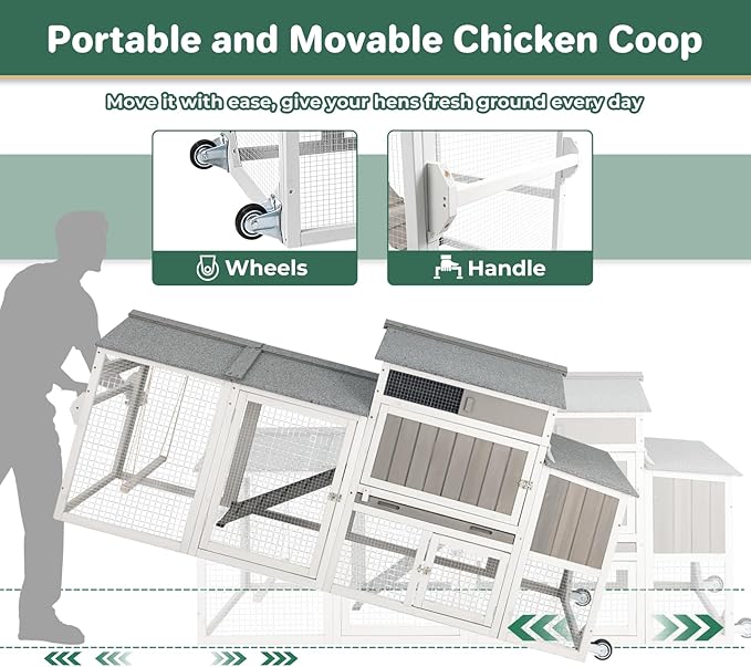 Chicken Coop with Run, Weatherproof Mobile Chicken Tractor Hen House with Wheels, Nesting Box, Roosting Bars, Pull-Out Tray, Asphalt Waterproof Roof & Fun Swing for Chickens Quails Small Animals