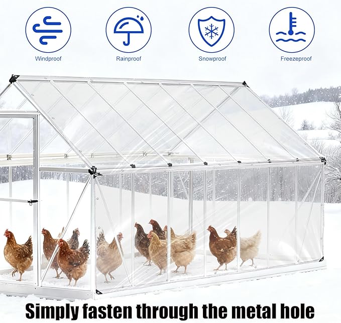 16 Mils Chicken Coop Cover for Winter, 3x2m/10x6.5ft PVC Clear Chicken Run Insulation Tarps Accessories for Sheepfold Bird Cage Vegetable Greenhouse Wind Rain Snow Freeze Resistance