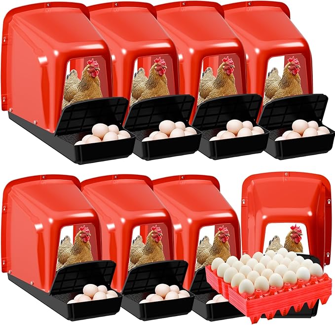 Chicken Nesting Box with Plastic Egg Trays, 8 Pack Nesting Boxes for Chickens with Egg Collection, Breathable Chicken Laying Boxes & Stackable Egg Tray for Chicken Coops and Farms - Red 8 Pack