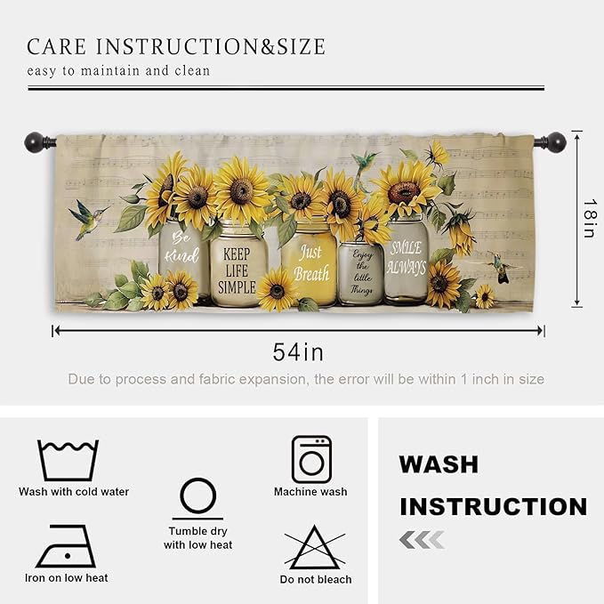 Miyotaa Sunflower Hummingbird Kitchen Curtain Valance 54W x 18H Rod Pocket Farmhouse Rustic Plant Vintage Inspirational Window Treatment for Living Room Bedroom Bathroom