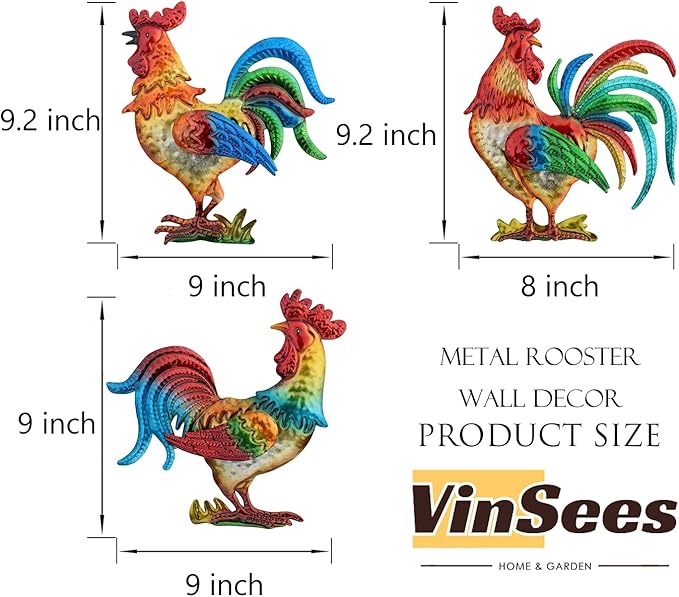 VinSees Metal Rooster Wall Art Decor, Chicken Gifts for Women, Mom, Grandma, Wife; 3D Rooster Wall Sculpture Set of 3 for Kitchen