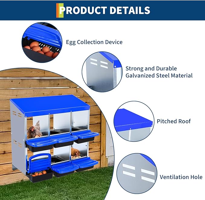 6-Hole Compartments Chicken Nesting Boxes with Roll Out Egg Collection and Large Vented Holes,Metal Nesting Boxes for Chickens, Hens, Ducks,Wall Mount/Freestanding Poultry,Blue