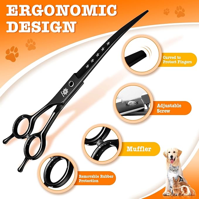 Dream Reach Dog Grooming Scissors - Professional 7.5 Inch Pet Scissors Sharp and Durable Shears Set Thinning, Chunker, Straight, Curved Shears and Comb for Dog Cat Pet, Black