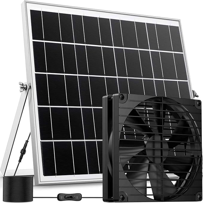 7 Inch Large Airflow Solar Powered Fan Exhaust Vent for Outside Greenhouse Chicken Coop Shed Trailer, 22W Solar Panel IPX7 Waterproof Brushless DC Motor 16.5 Ft On/Off Switch Cable