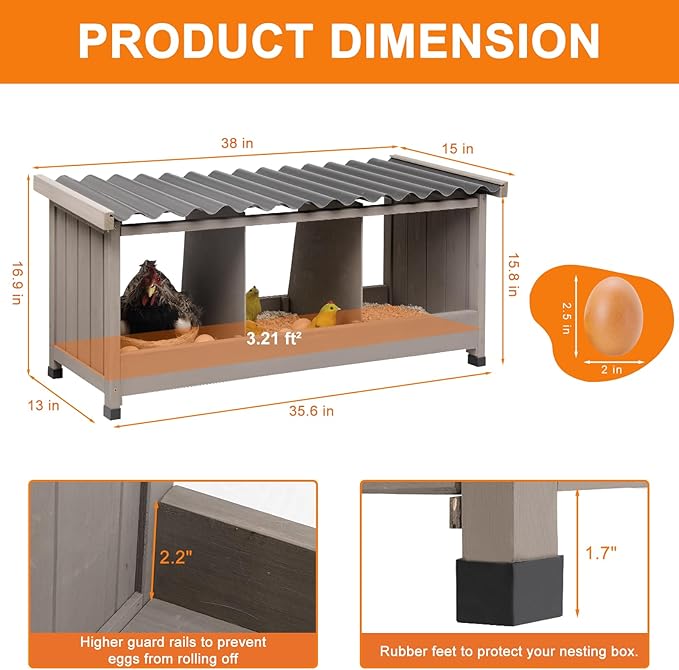 38" L Chicken Nesting Boxes,3 Holes Wooden Chicks Laying Boxes with PVC Roof,Chicks Brooder Box for Laying Eggs for Hens Chicken Duck,Grey