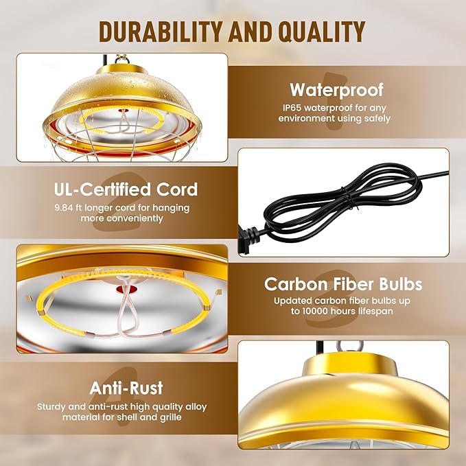 300 Watt Heat Lamp for Chicken Coop, Hanging Chicken Coop Heater, Carbon Fiber Bulb Waterproof Coop Heater with 2 Heating Levels, Chicken Warmer Lamp for Indoor Poultry Pet House Livestock Greenhouse
