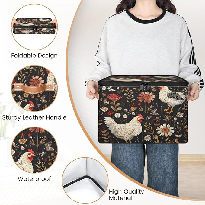 Farmhouse Chicken Storage Bins with Lids, Boho Wildflower Fabric Storage Boxes with Zipper, Collapsible Decorative Closet Organizer Cube for Clothes, Toys, Organizing, Shelves