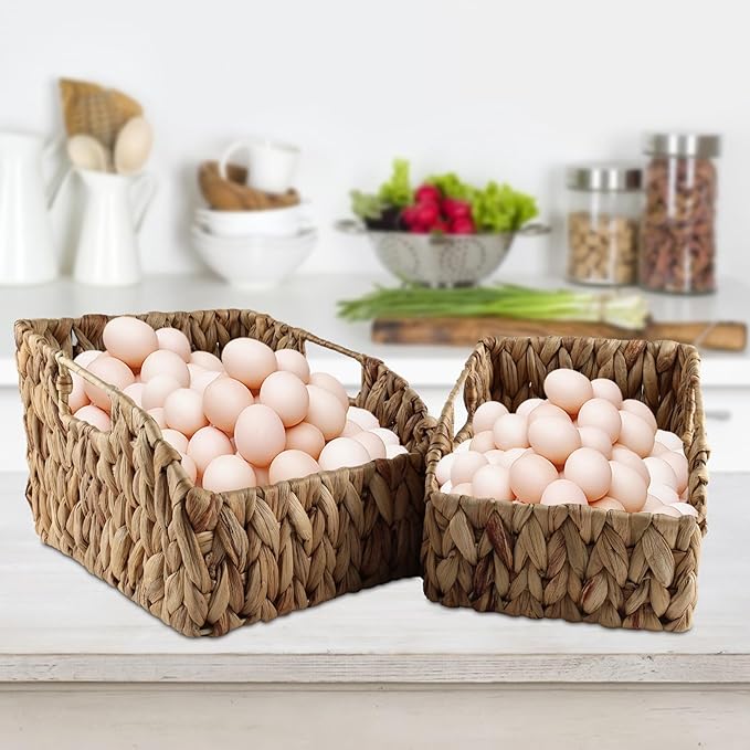 Set of 2 Eggs Collecting Basket with Handle, Farmhouse Wicker Egg Baskets for Gathering Fresh Egg, Trapezoid Egg Holder Display, Vintage Style Fruit Basket for Kitchen Pantry Countertop