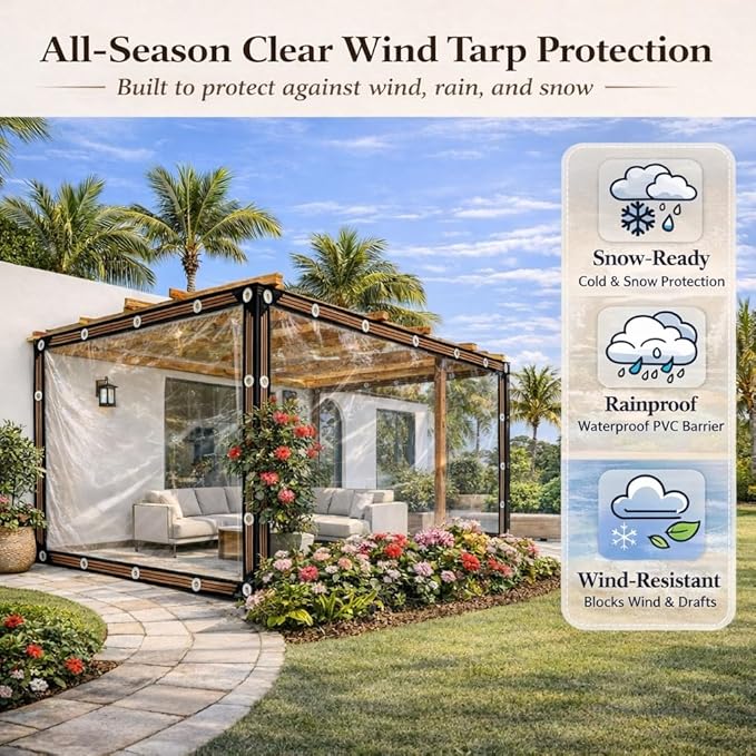 Clear Tarp with Grommets, 14Mil PVC Clear Plastic Tarps Heavy Duty Waterproof, for Vinyl Patio Enclosure, Patio Plastic Porch Enclosures for Winter and Chicken Coop Cover(12 * 20ft)