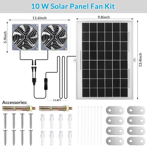 1 Set Solar Fan for Greenhouse, 10 W Solar Panel Fan Kit with Bracket Waterproof Solar Exhaust Fan Solar Dual Fan for Intake or Exhaust Air for Attic, Shed, Barn, Chicken Coop, Dog House