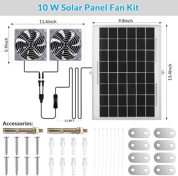 2 Set Solar Fan for Greenhouse, 10 W Solar Panel Fan Kit with Bracket Waterproof Solar Exhaust Fan Solar Dual Fan for Intake or Exhaust Air for Attic, Shed, Barn, Chicken Coop, Dog House
