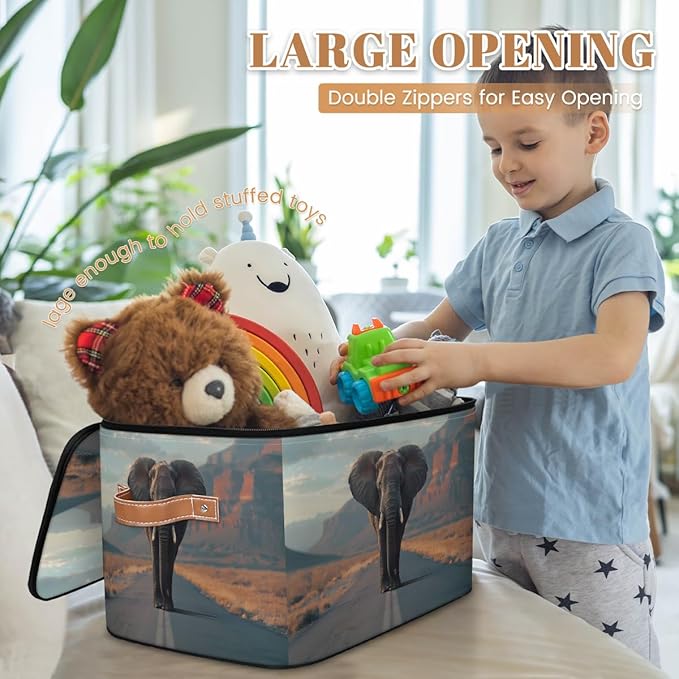 Elephant Storage Bins With Lids Fabric Collapsible Storage Box with Leather Handles for Home Bedroom Foldable Closet Shelf Organizer