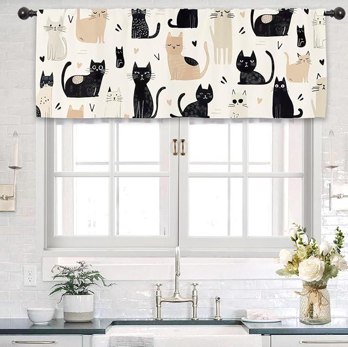 Cute Cartoon Cat Kitchen Curtain Valance 54W x 18L Inch Funny Pet Kitten Animal Rod Pocket Short Cafe Small Window Treatment Drapes Decor