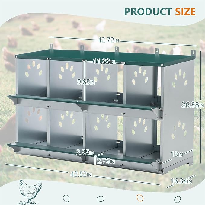 Chicken Nesting Box for Laying Eggs - 8 Room Chicken Laying Boxes, Nesting Boxes for Chickens, Heavy Duty Metal Chicken Coop, 42.72" L x 16.34" W x 26.38" H