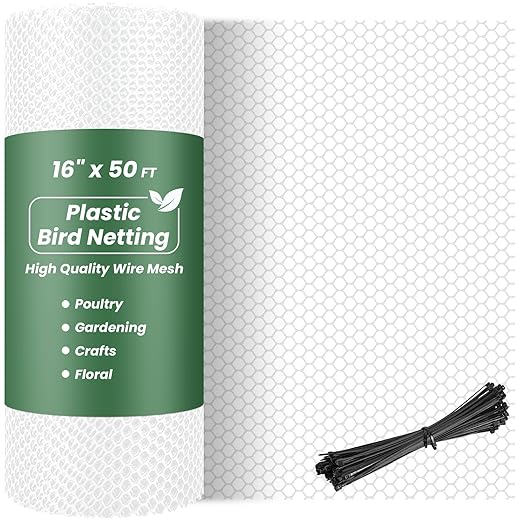 16IN x 50FT Plastic Chicken Wire Mesh, Chicken Wire for Floral Arrangements, Chicken Wire Mesh for Crafts with 100 Pcs Zip Ties, Mesh Fence for Dogs, Deers, Poultry