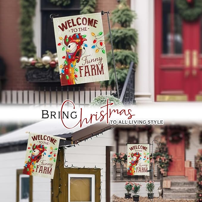 Christmas Welcome Flag - Fun Xmas Farmhouse Animal with Holiday Lights Garden Flags - Rustic Chicken Coop Décor Outside - Welcome to the Funny Farm Sign