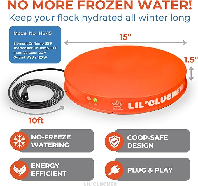 Lil'Clucker Heated Base for Chicken Waterer – Automatic Metal Freeze Proof Heated Chicken Waterer with Heater & LED – Poultry Heated Waterer for Winter (Orange, 15 Inch)