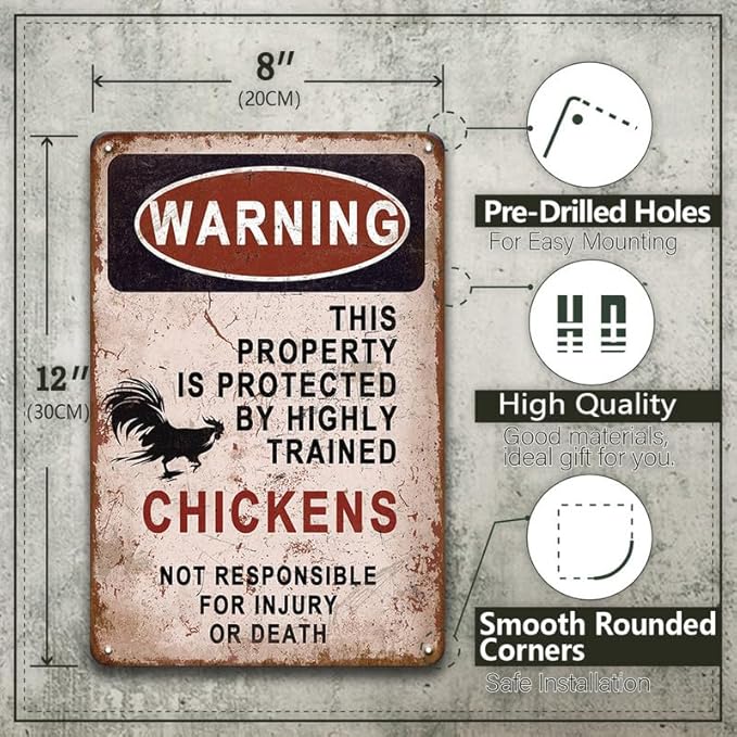 YOYI ART Metal Warning Chicken Signs for Coop Funny Outdoor - Vintage Tin Sign for Chicken Coop, Outdoor, Kitchen, Farmhouse Wall Decor Art Accessories, Chicken Gifts for Women, 8 x 12 inch