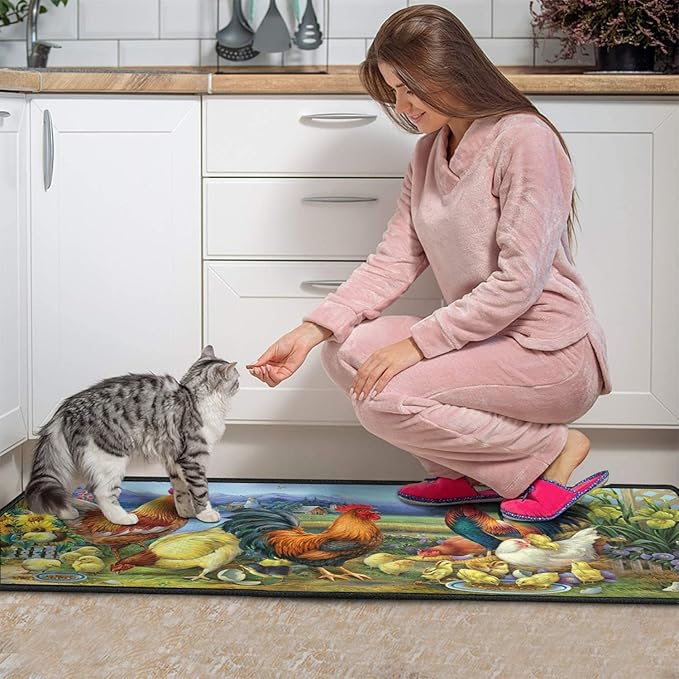 Rooster Kitchen Rug Decor 2 Pieces Set Farmhouse Style Kitchen Mat Washable Runner Rug Chicken Sunflower Decoration Indoor Floor Mat 17" x 47" + 17" x 30"