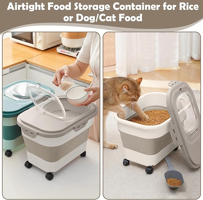 Dog Food Storage Container, 20Lbs Rice Storage Container Dispenser, Airtight Large Pet Cat Food Bin with Wheels, Scoop & Measuring Cup, Collapsible Kitchen Dry Food Holder for Four Sugar Cereal Kibble