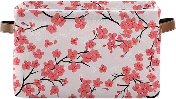 JIPONI Cherry Blossoming Fabric Storage Bins for Shelves, Decorative Storage baskets for organizing, Closet Organizer with Handle for Cloth, Toys, Bedrooms, Farmhouse