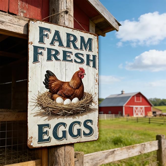 Funny Rooster Decor Vintage Farm Fresh Eggs Chicken Tin Sign for Chicken Coop Farm Garden Yard Decor 12x8 Inch