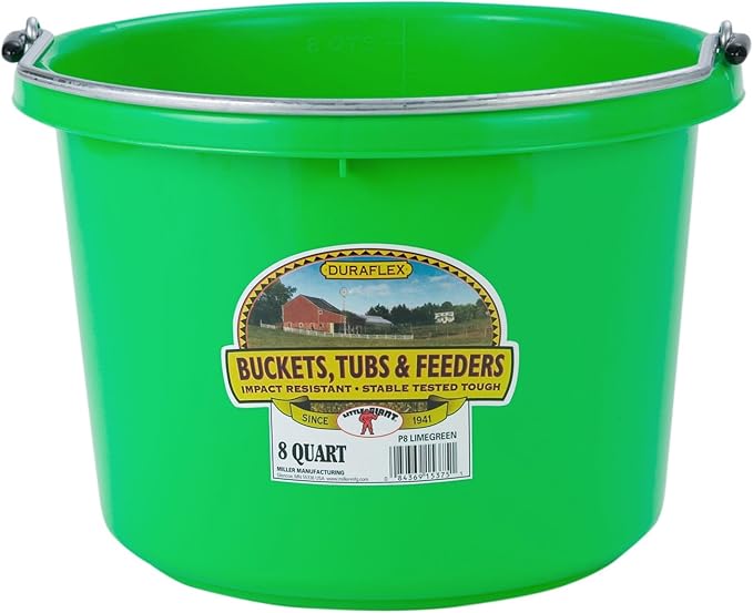 Little Giant® Plastic Animal Feed Bucket | Round Plastic Feed Bucket with Metal Handle | Made in USA | 8 Quarts | Lime Green