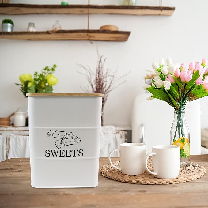 Candy Jar for Kitchen Counter, White Metal Candy Can Candy Tin with Airtight Bamboo Lid & Portable Handles, Candy Buffet, Party Table - Food Storage Canisters for Candies, Cookies, Sugar Cubes,