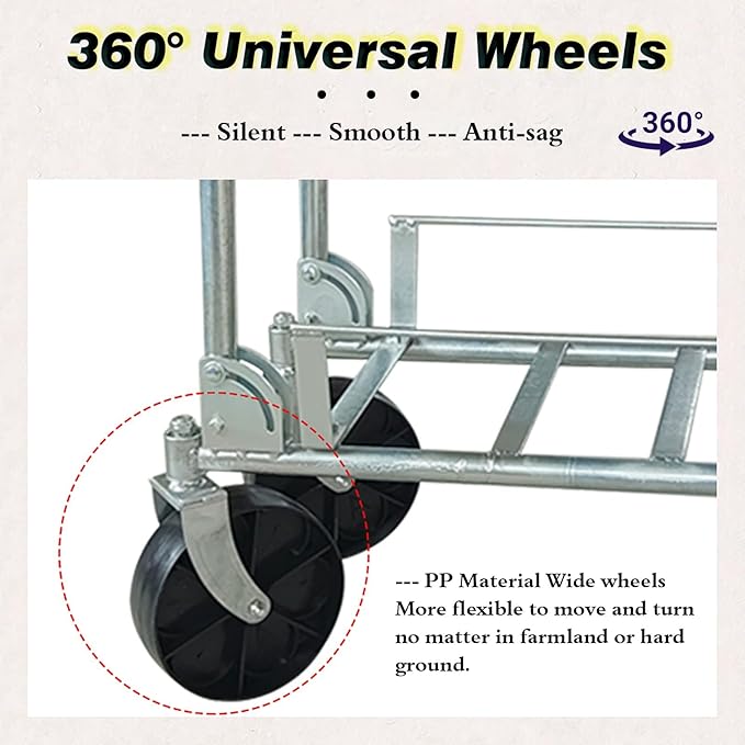 Pushable Utility Dual-Bucket Hand Truck for Farmland/Greenhouse, Galvanized Steel All-Terrain Hand Dollys with 7 Inch Large Wheels for Moving Farm Crop/Grocery